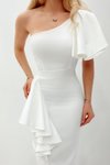 Beyaz Tek Omuzlu Volan Detaylı Midi Abiye Elbise