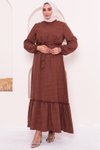 Kahverengi Büyük Beden Eteği Fırfırlı Keten Airobin Elbise