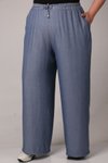 Koyu Mavi Büyük Beden Beli Lastikli Bol Paça Tensel Pantolon