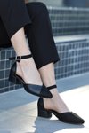 Siyah Etton Cilt Süet Detaylı Topuklu Ayakkabı