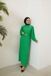 Yeşil Kol Gipeli Kemerli Elbise