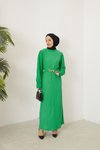 Yeşil Kol Gipeli Kemerli Elbise