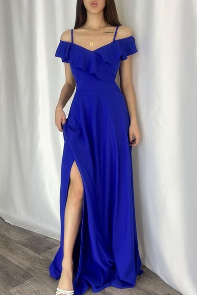 Askılı Saks Mavisi Yaka Volanlı Krep Kumaş Uzun Abiye Elbise