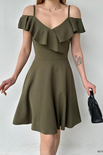 Haki Askılı Omuz Fırfırlı Midi Elbise