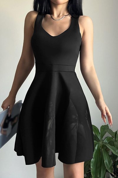 Black Thick Strapped Back Lace Detail Scuba Fabric Mini Dress