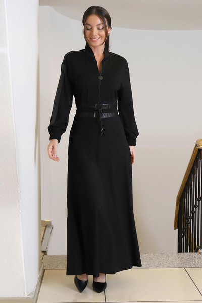 Siyah Deri Detaylı Belden Bağlamal�ı Uzun Elbise