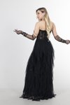 Askılı Siyah Transparan Taşlı Eteği Fırfırlı Uzun Abiye Elbise