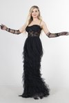 Askılı Siyah Transparan Taşlı Eteği Fırfırlı Uzun Abiye Elbise