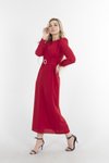 Kırmızı Uzun Kol Seyyar Kemerli Astarsız Elbise