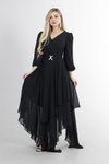 Siyah Balon Kol Kruvaze Yaka Asimetrik Kesim Uzun Abiye Elbise
