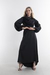 Siyah Drape Detaylu Uzun Kol Abiye Elbise
