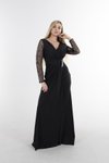 Siyah Uzun Kol Taş Ve Drape Detaylı Kapak Etekli Abiye Elbise