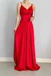 Kırmızı Askılı Kruvaze Yaka Saten Uzun Abiye Elbise