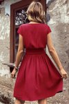 Kırmızı Kısa Kollu Beli Gipeli Kruvaze Yaka Bürümcük Kumaş Midi Elbise