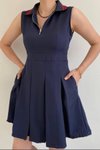 Lacivert Yakası Fermuarlı Atlas Kumaş Dizüstü Mini Elbise