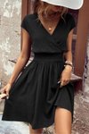 Siyah Kısa Kollu Beli Gipeli Kruvaze Yaka Bürümcük Kumaş Midi Elbise