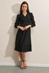 Siyah V Yaka Volanlı Midi Elbise