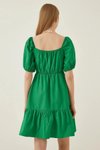 Yeşil Yaka Büzgülü Poplin Mini Kloş Elbise