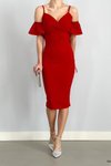 Askılı Kırmızı Krep Kumaş Omuz Detaylı Midi Abiye Elbise