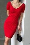 Kırmızı Fitilli Mini Triko Elbise