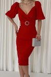 Kırmızı Kendinden Kemerli Krep Kumaş Kısa Kollu Midi Elbise