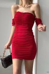 Kırmızı Sandy Kumaş Drapeli Ve Kol Detaylı Mini Elbise