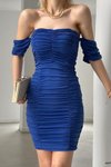 Saks Mavisi Sandy Kumaş Drapeli Ve Kol Detaylı Mini Elbise