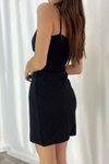 Siyah İthal Krep Kumaş İnce Askılı Katlamalı Mini Elbise
