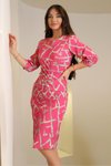 Pembe Desenli Eteği Büzgülü Midi Elbise