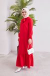 Kırmızı Etek Fırfırlı Fular Yaka Elbise