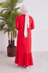 Kırmızı Etek Fırfırlı Fular Yaka Elbise