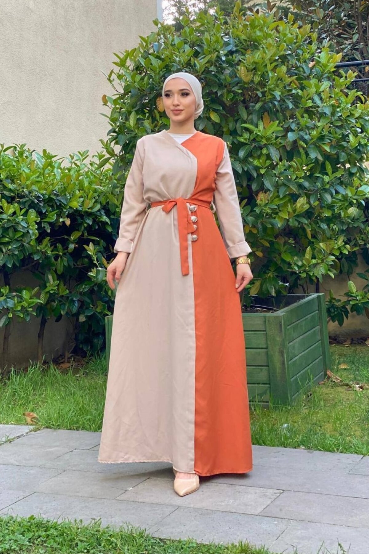 Şems Fashion Kiremit Krem Aerobin Kumaş Çift Renk Kemerli Uzun Elbise