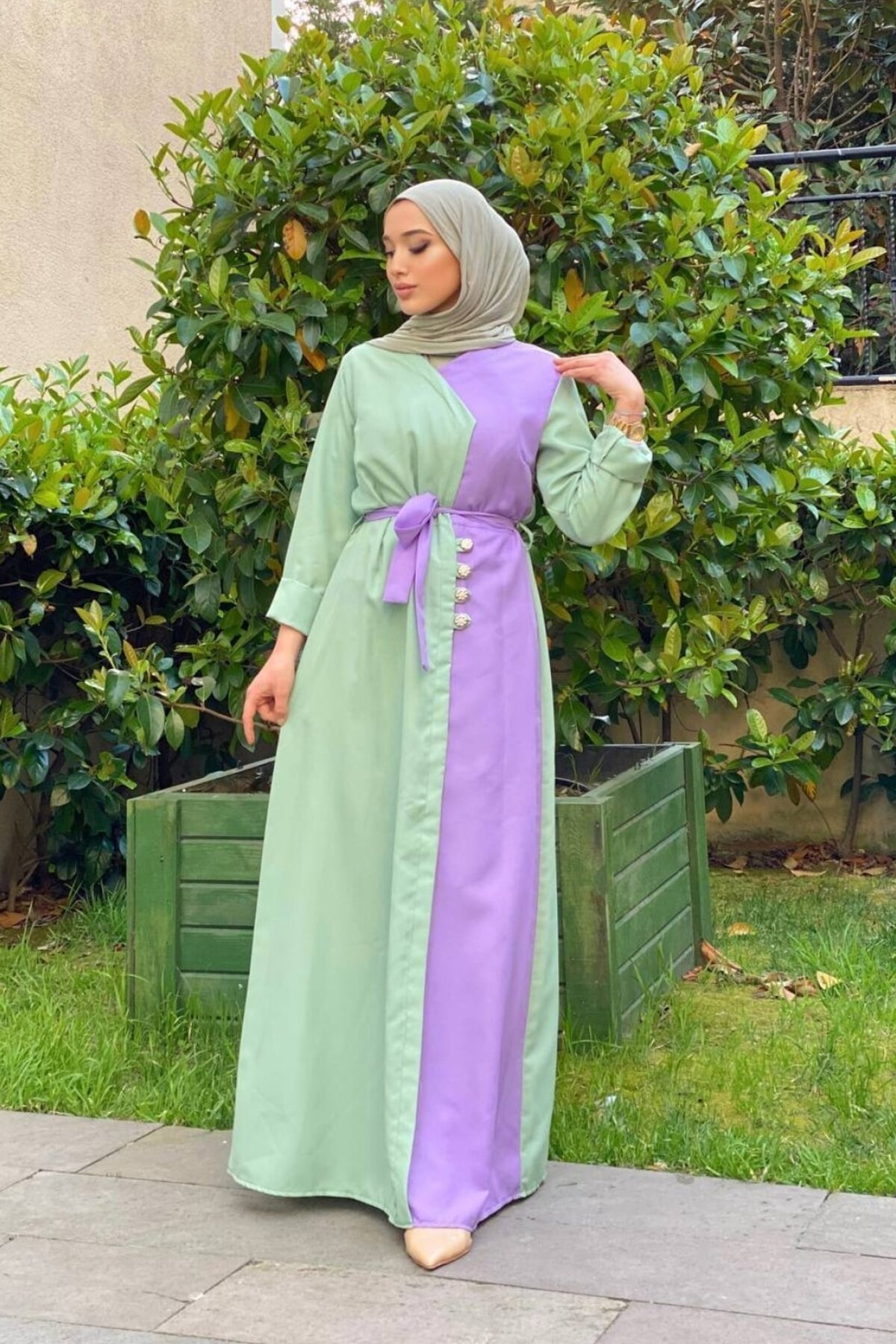 Şems Fashion Lila Turkuaz Aerobin Kumaş Çift Renk Kemerli Uzun Elbise