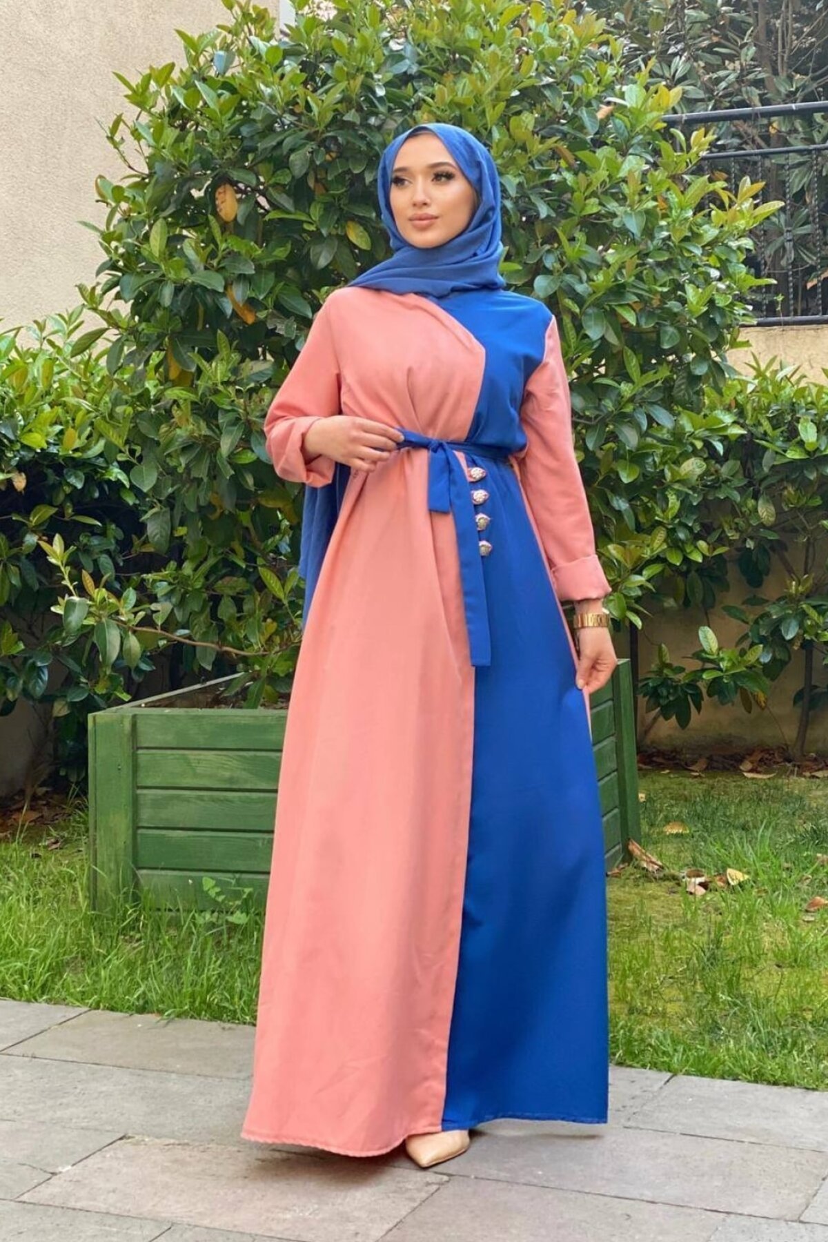 Şems Fashion Mavi Pudra Aerobin Kumaş Çift Renk Kemerli Uzun Elbise