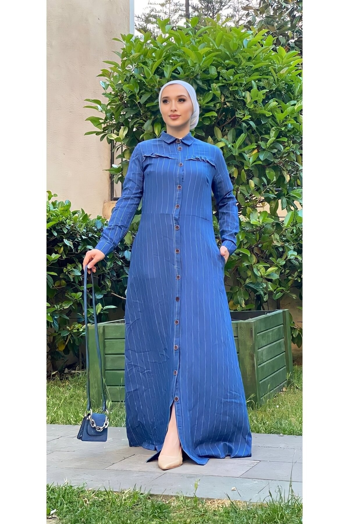 Şems Fashion Mavi Viskon Kumaş Gömlek Yaka Uzun Elbise