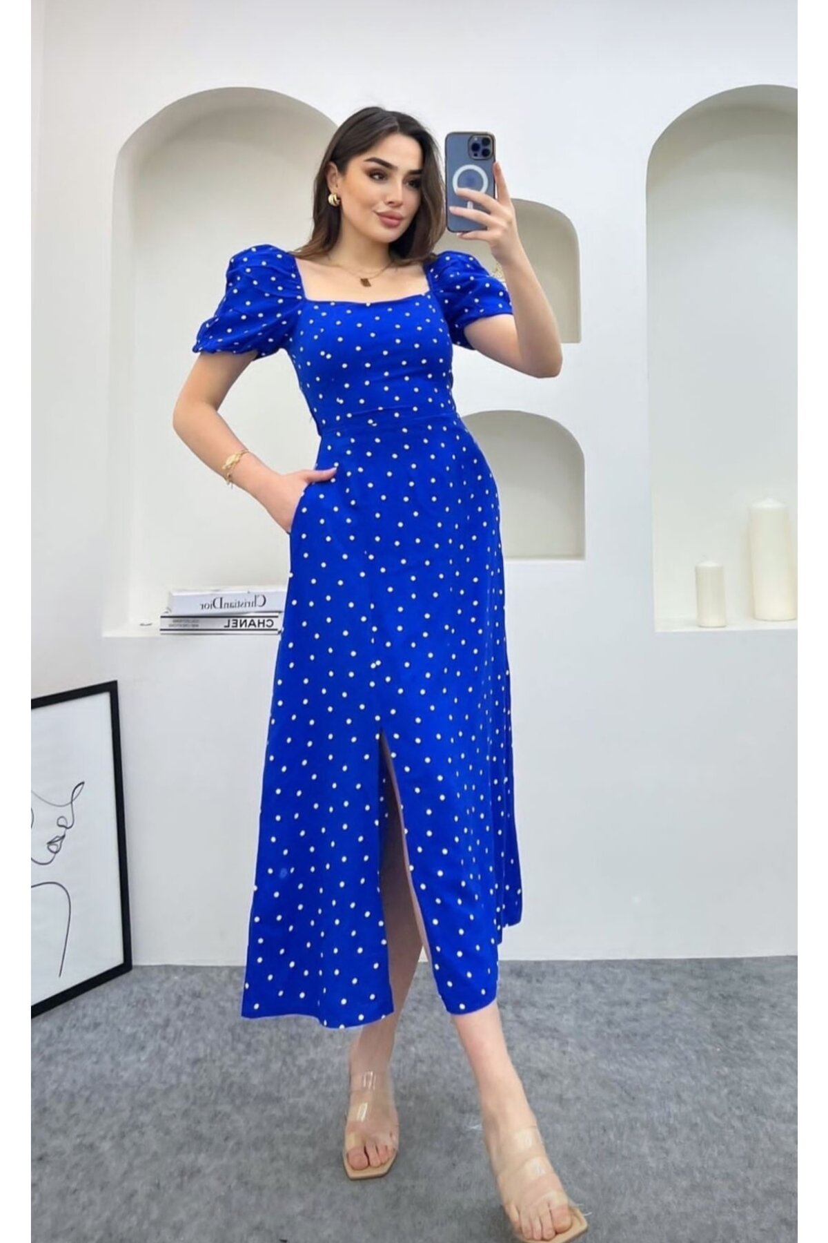 Şems Fashion Mavi Viskon Kumaş Sırtı Gipeli Kemerli Vatkalı Midi Elbise