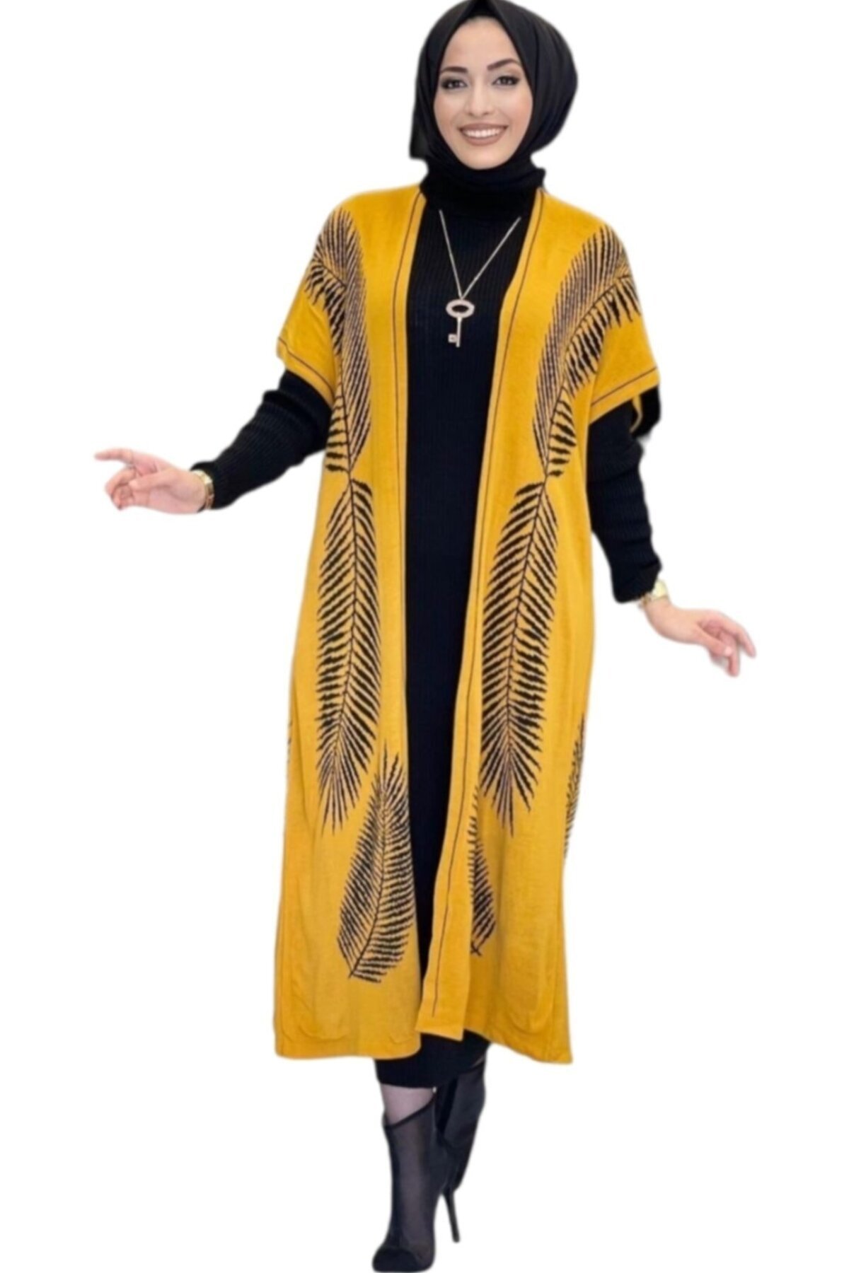 Şems Fashion Renkli Kumaş Yelek Ve Ikili Takım Triko Elbise