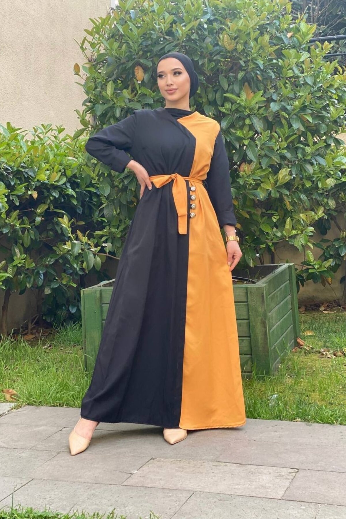 Şems Fashion Siyah Sarı Aerobin Kumaş Çift Renk Kemerli Uzun Elbise