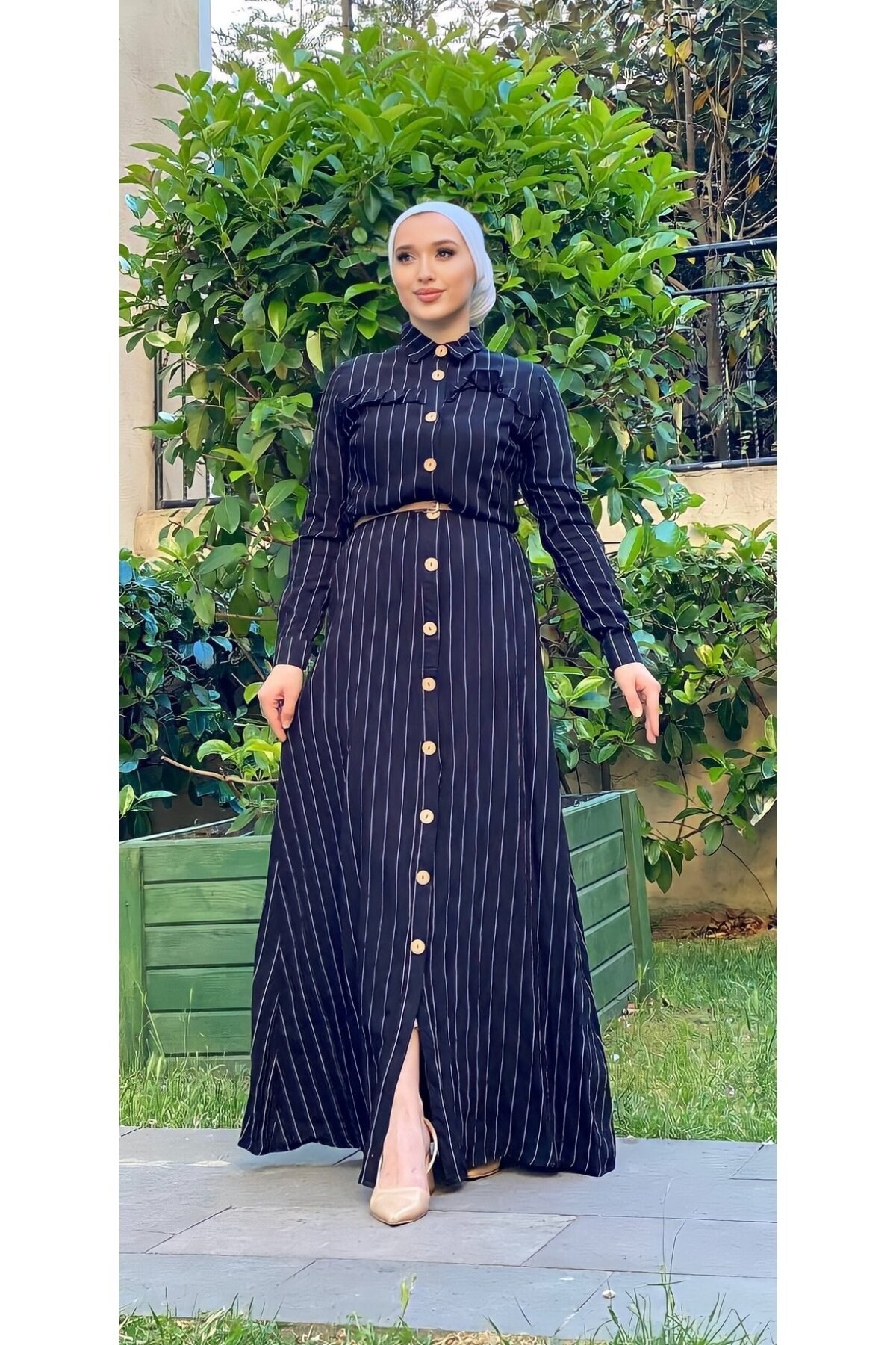 Şems Fashion Viskon Kumaş Düğmeli Gömlek Yaka Uzun Elbise