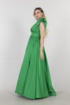 Benetton Omuzları Çiçek Detaylı V Yaka Saten Uzun Abiye Elbise
