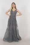 Gri Transparan Detaylı Simli Uzun Abiye Elbise