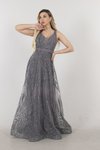 Gri Transparan Detaylı Simli Uzun Abiye Elbise