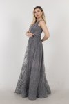 Gri Transparan Detaylı Simli Uzun Abiye Elbise