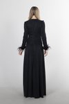 Siyah Tüy Detaylı Simli Uzun Abiye Elbise