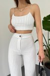 Beyaz Omuz Askılı Çizgi Detay Crop Ve Yüksel Bel Ispanyol Paça Pantolon Takım