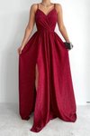 Kırmızı Hürrem Kumaş Yırtmaç Detay Simli Askılı Uzun Abiye Elbise