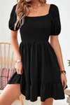 Siyah Kare Yaka Gipe Detay Eteği Volanlı Krep Kumaş Mini Elbise