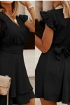 Siyah Kruvaze Yaka Kuşaklı Volanlı Aerobin Kumaş Mini Elbise