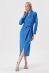 Mavi Şal Yaka Önü Büzgülü Midi Elbise