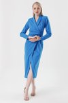 Mavi Şal Yaka Önü Büzgülü Midi Elbise